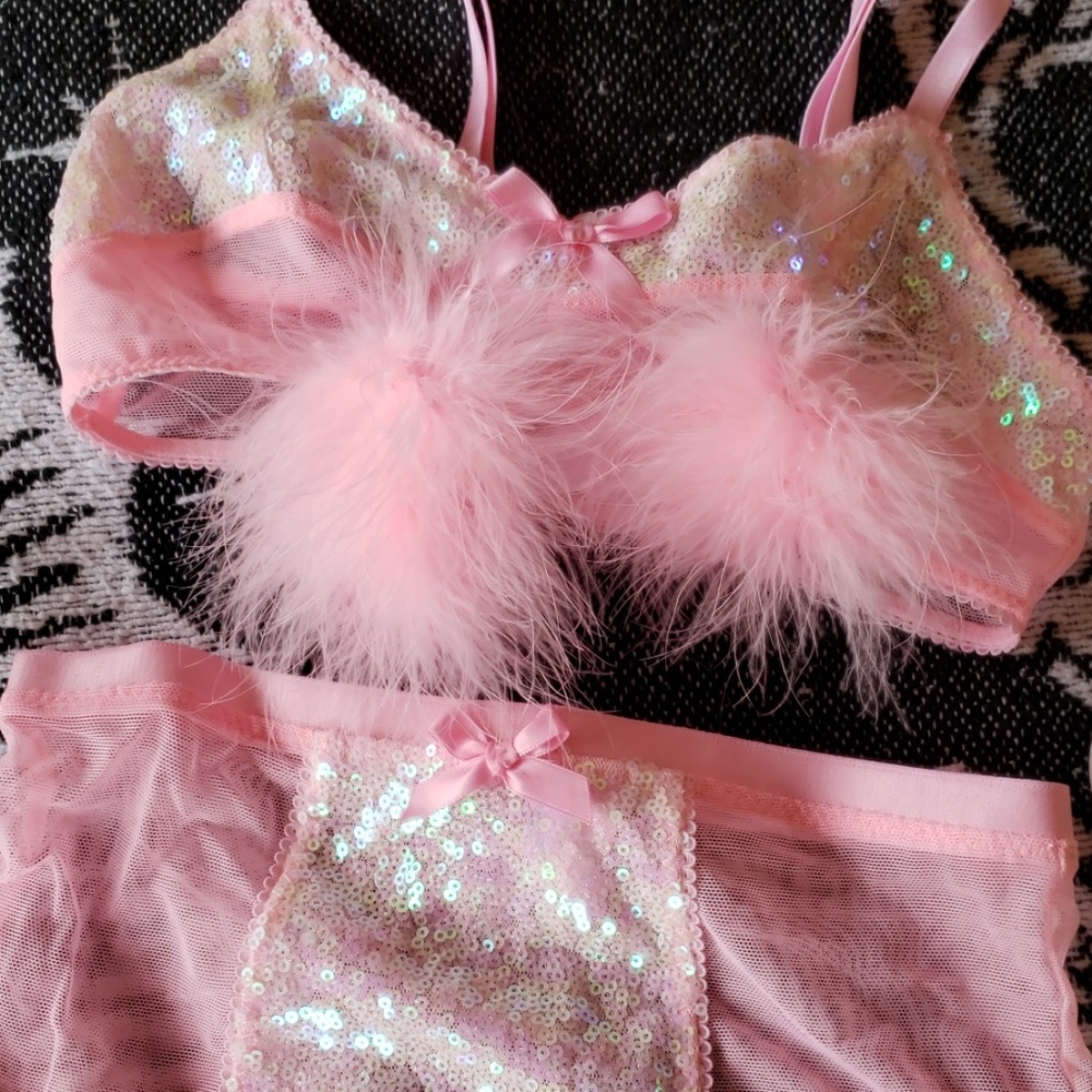 Pink Sequin Pom pom Lingerie Set XS XXS